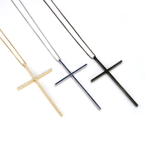 Three cross necklaces in gold, silver, and black metal with micro-pave cubic zirconia stones