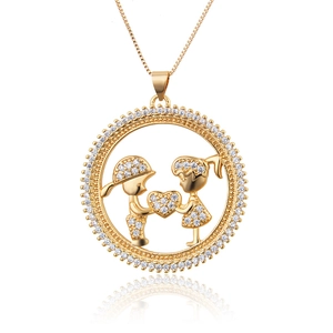 18k gold plated round pendant necklace featuring hollow boy and girl with sparkling crystals