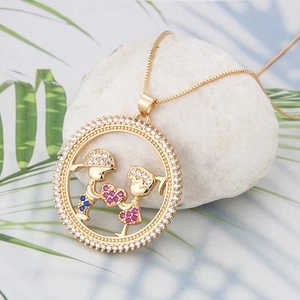 18k gold plated necklace with hollow boy and girl family pendant and colorful zircons