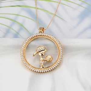 18k gold plated necklace featuring a round pendant with a diamond-paved boy and football