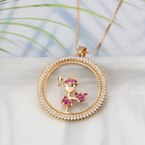 18k gold plated round pendant necklace with girl figure and cubic zirconia stones