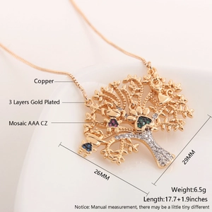Gold tree of life necklace with colorful CZ stones and cat detail for women
