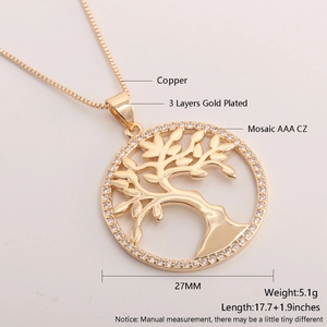 Golden Tree of Life necklace with AAA cubic zirconia in copper with 3 layers gold plating