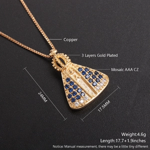 Λεπτομέρεια μενταγιόν Παναγία 18k επίχρυσο με μπλε και λευκά ζιργκόν AAA ποιότητας