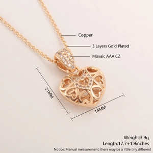 Detailed dimensions of 18k gold plated hollow heart necklace with AAA CZ inlay specs