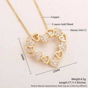Detail of 18k gold plated copper heart necklace with AAA cubic zirconia and chain specs