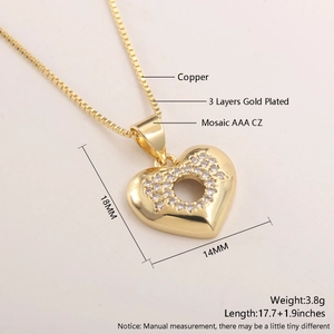Detail showing 18k gold plated copper heart necklace with AAA cubic zirconia specs
