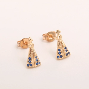 Pendientes religiosos Virgen María bañados en oro con circonitas azules elegantes