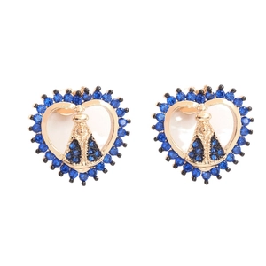 Pendientes de corazón en oro con circón azul y colgante religioso para mujer