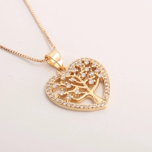 18k gold plated heart tree of life pendant necklace with zircon crystals for women