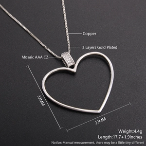 Detail view of silver hollow heart pendant with micro-pave zirconia on a 17.7-inch chain