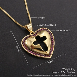 Detailed spec view of 18k gold plated heart pendant with purple zircon and cross cutout