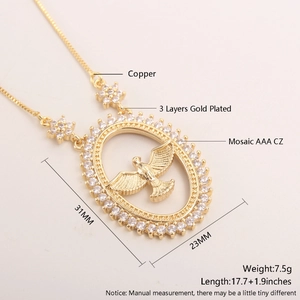 Spécifications du pendentif colombe dorée avec zircons AAA et dimensions de la chaîne