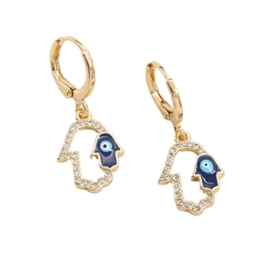Orecchini a mano di Fatima placcati oro 18k con occhio azzurro e zirconi scintillanti