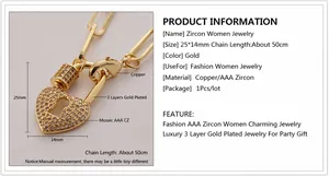 Macro view of 18K gold plated heart lock pendant with AAA cubic zirconia inlays