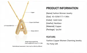 Detail of 18K gold plated letter A pendant with AAA cubic zirconia and 50cm chain