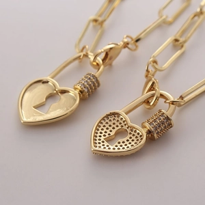 Exquisite 18K gold plated heart lock pendant necklace with cubic zirconia and paperclip chain