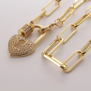 18K gold plated paperclip chain necklace with heart lock pendant and cubic zirconia