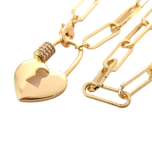 Exquisite 18K gold plated heart lock pendant necklace with zircon paperclip chain design