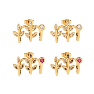 Elegant 18k gold leaf stud earrings set with sparkling colorful crystals and clear zircons