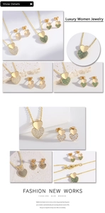Detail of 18k gold heart necklace and zircon earrings set showing layered design