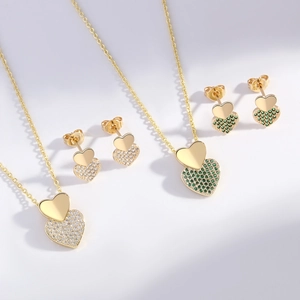 Sweet Heart Copper Jewelry Set Gold Plated Double Layer Love Heart Pendant Necklace Stud Earrings Rhinestone Jewelry For Women