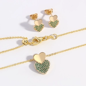 Elegant 18k gold plated jewelry set with layered polished heart and green zircon stones