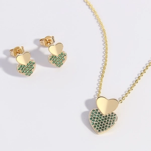 18k gold plated necklace and earrings set with double heart green zircon pendants