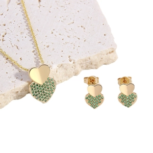 18k gold plated heart necklace and earring set with green pavé zircon stones