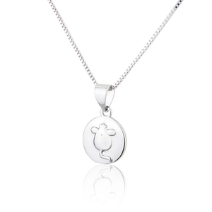 Polished silver Chinese zodiac mouse necklace with a cute engraved round pendant
