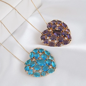 18k gold plated heart necklace with colorful zircons in purple and blue styles