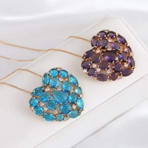 Elegant 18k gold plated heart necklace with blue and purple crystal pendants