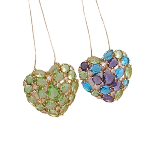 18k gold plated heart necklace featuring vibrant multi-colored zirconia pave setting