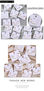 Dettaglio del set di 6 paia di orecchini placcati oro su basi espositive