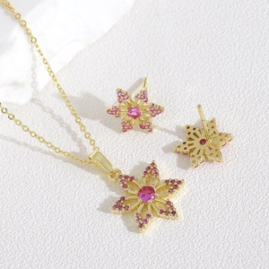 Set gioielli fiore in rame placcato oro 18k con cristalli di zircone rosa scintillanti