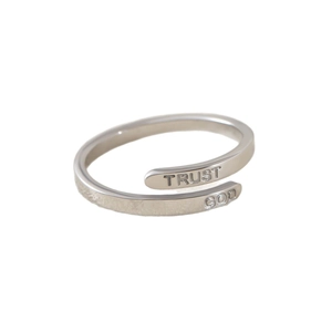 Bague ouverte en acier inoxydable argenté avec message gravé Trust God pour femme