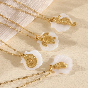 Gold stainless steel ocean necklace set with sea horse shell and turtle charms