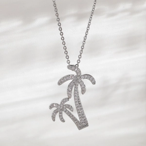 Collana con ciondolo a palma color argento con cristalli scintillanti e catena sottile
