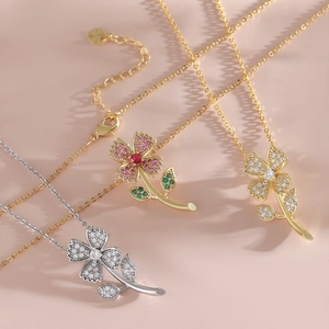 Elegant floral pendant necklaces in gold and silver finish with colorful zircon stones