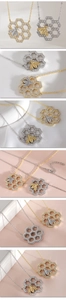 Detail of honey bee necklace with honeycomb pendant and sparkling zircon micro-paving