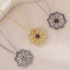 Gothic spider web pendant necklaces with black stones in gold and silver plating