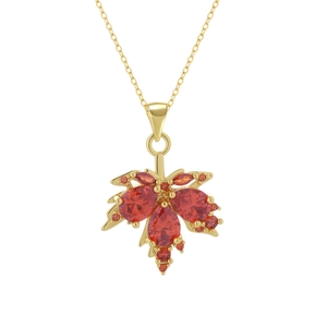 Collier feuille d'érable en or 18 carats avec zircons rouges sur fond blanc pur