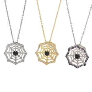 Gothic gold and silver spider web pendant necklaces with zircon stones and black crystals