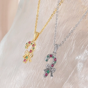 Luxus Kupfer Zirkonia Weihnachts Zuckerstange Anhänger Halskette Für Damen Festlicher Schleife Schmuck Gold Silber Plattierte Ketten