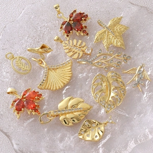 18k gold plated maple leaf and bird pendants with red rubies for DIY jewelry making