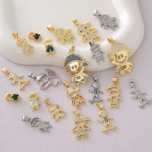 Copper boy and girl pendants with sparkling zircons for DIY jewelry making
