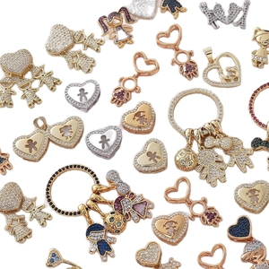 DIY jewelry charms with 18k gold plating, pavé zircon heart and boy-girl shape pendants