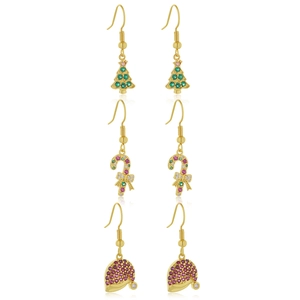 Detail of Christmas earrings set featuring colorful zircon Christmas tree and candy cane