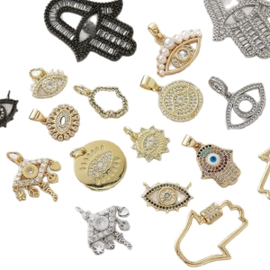 Gold plated Evil Eye and Hamsa Hand charms with micro-inset zircons for jewelry making