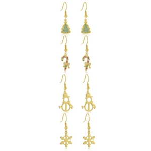 Detail of 18k gold plated Christmas earrings featuring snowman and snowflake designs